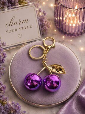 Y2K Metallic Purple Cherry Bag Charm & Keychain Gold Hardware